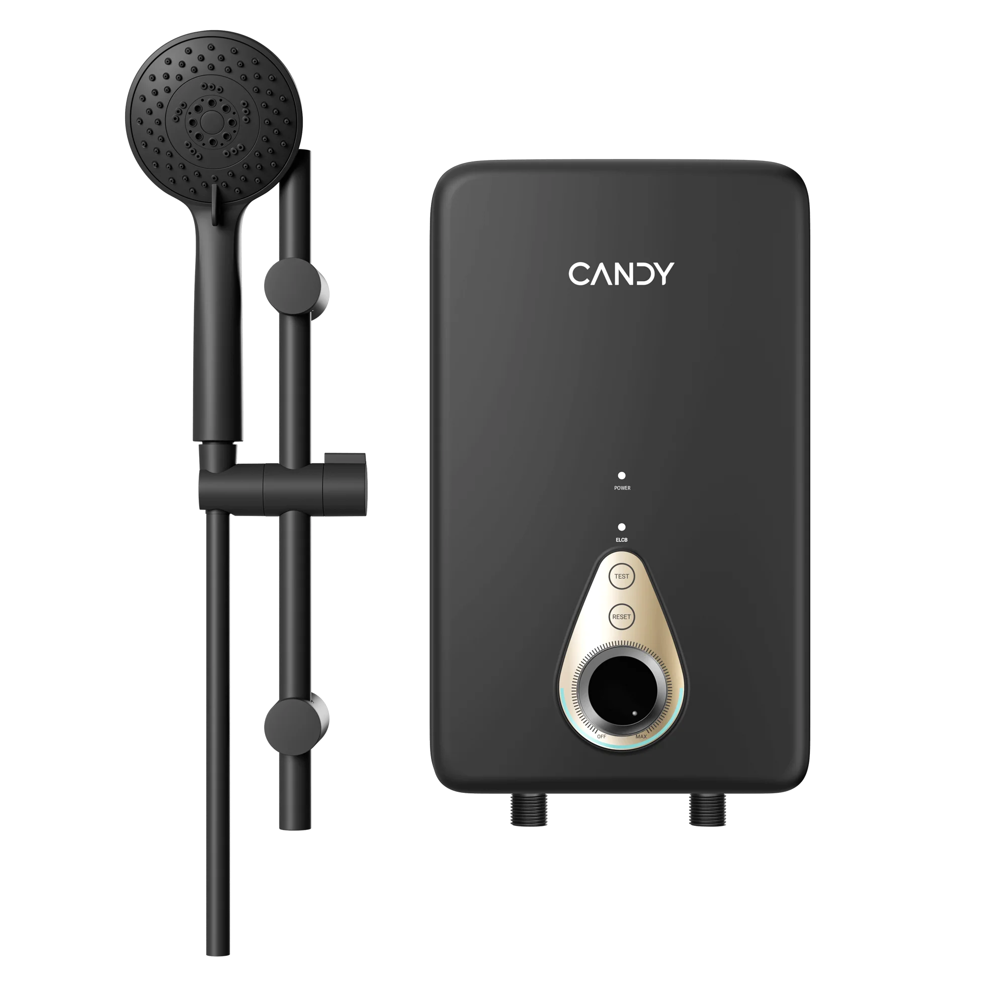 Candy Quick Series instant electric tankless water heater with shower head, front view