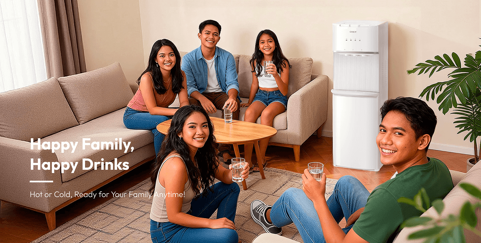 family drinking water together with Candy bottom loading water dispenser