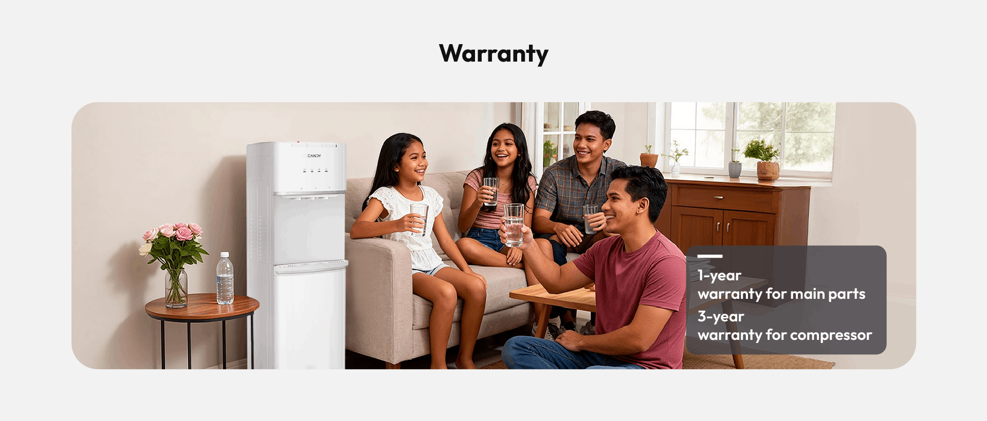 Candy water dispenser warranty: 1-year main parts, 3-year compressor
