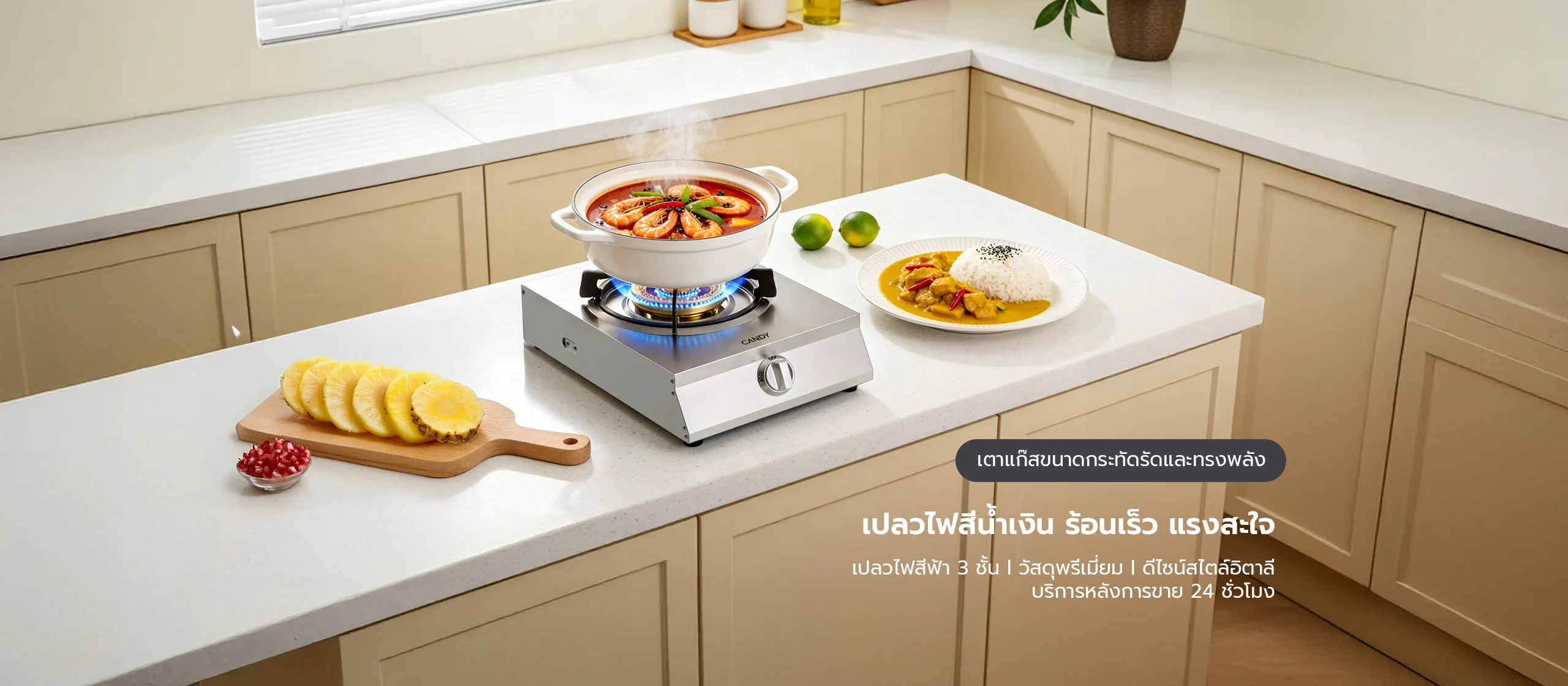 เตาแก๊ส 1 หัวตา candy ในครัว พร้อมผักและผลไม้