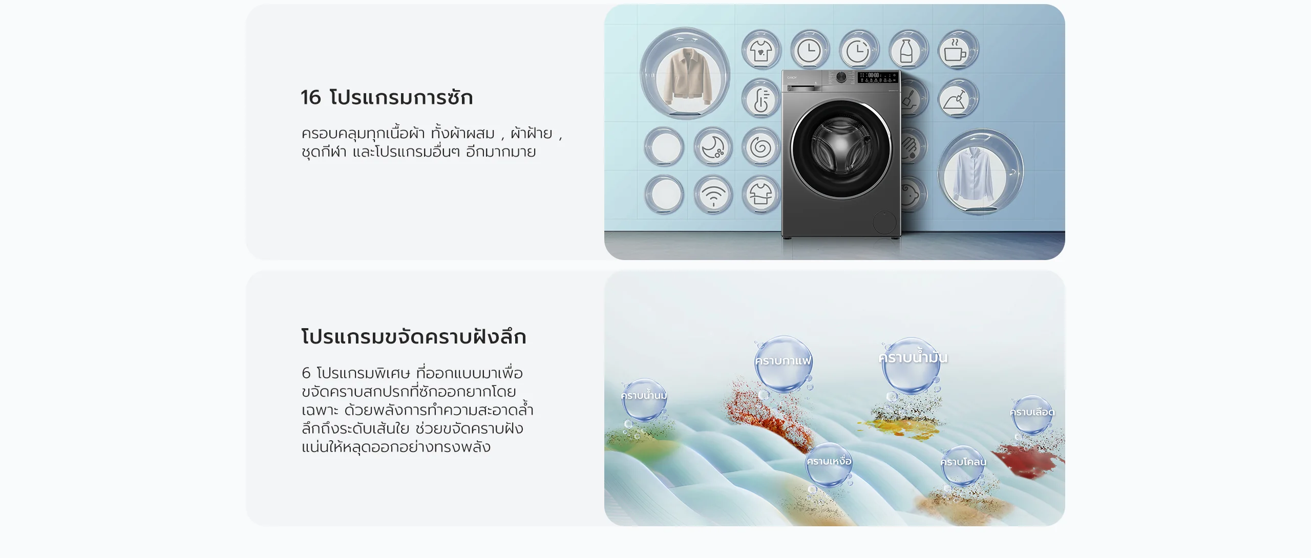 เครื่องซักผ้า candy 16 โปรแกรมการซักครอบคลุมทุกเนื้อผ้า และโปรแกรมขัดคราบฝังลึก 6 โปรแกรมพิเศษ
