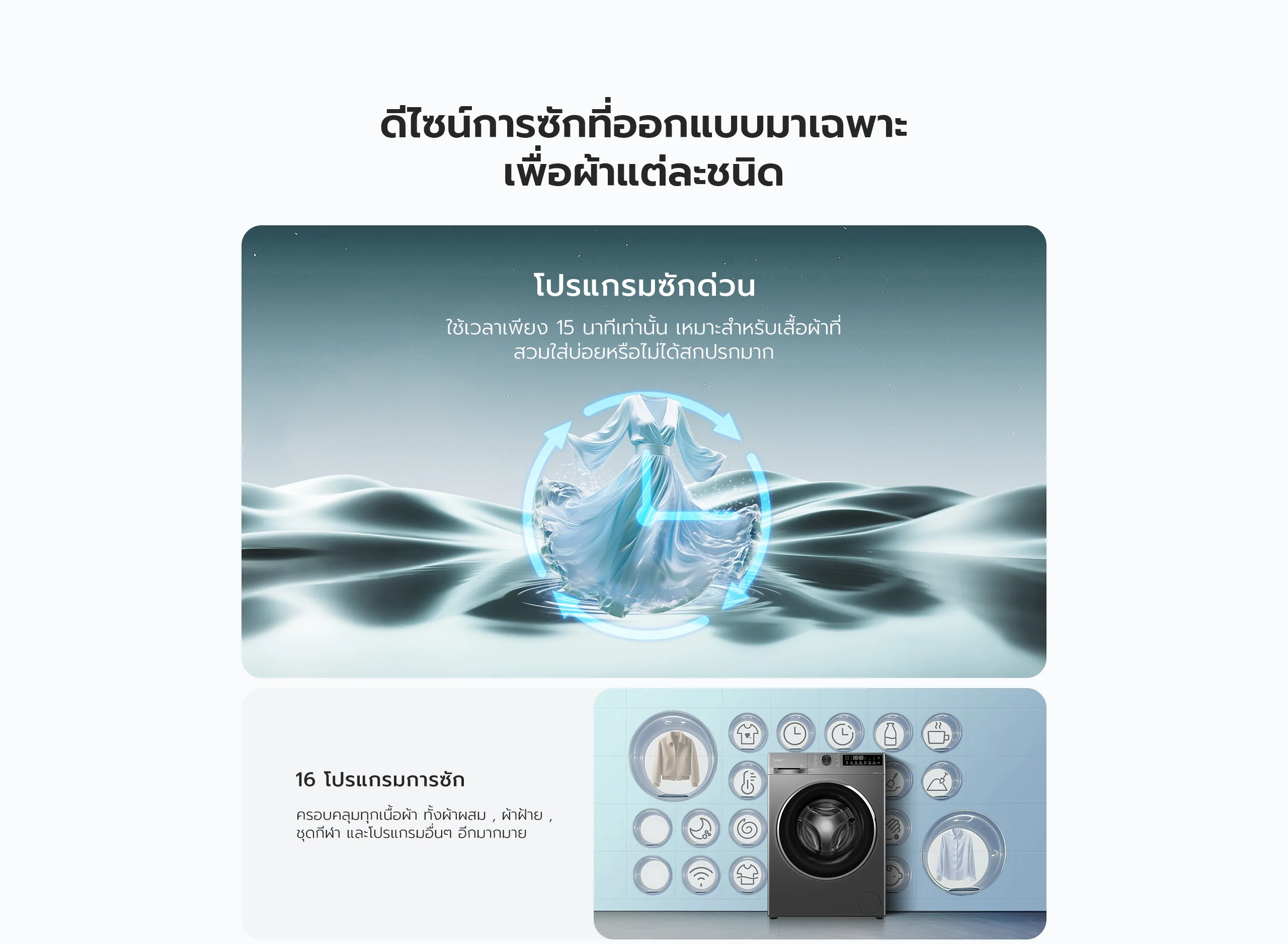 เครื่องซักผ้า candy โปรแกรมซักด่วน 15 นาที และ 16 โปรแกรมการซักครอบคลุมทุกเนื้อผ้า